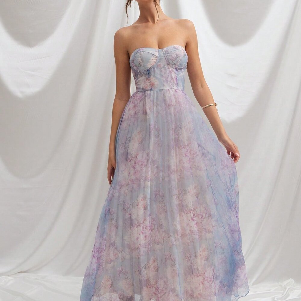 Blue Romantic Floral Women's Maxi Tube Dress - Picture 4 of 5